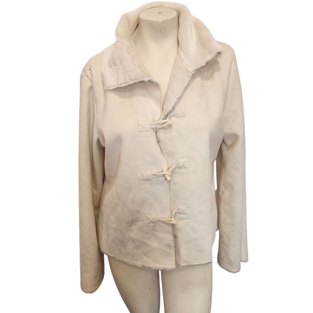 White House Black Market Faux Fur Toggle‎ Jacket Ivory Shearling L